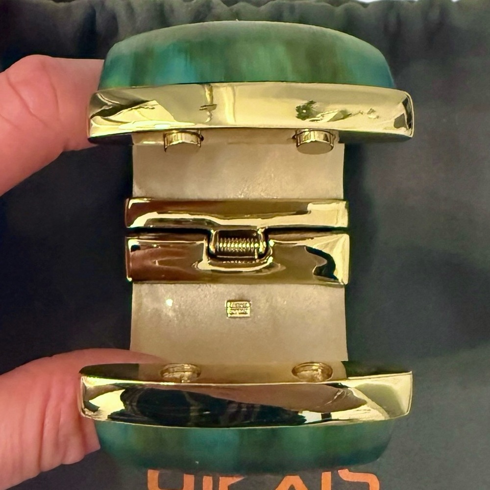 Alexis Bittar Teal Lucite and 14k Gold Plated Hinged Cuff Bracelet and Dustbag - Picture 8 of 13